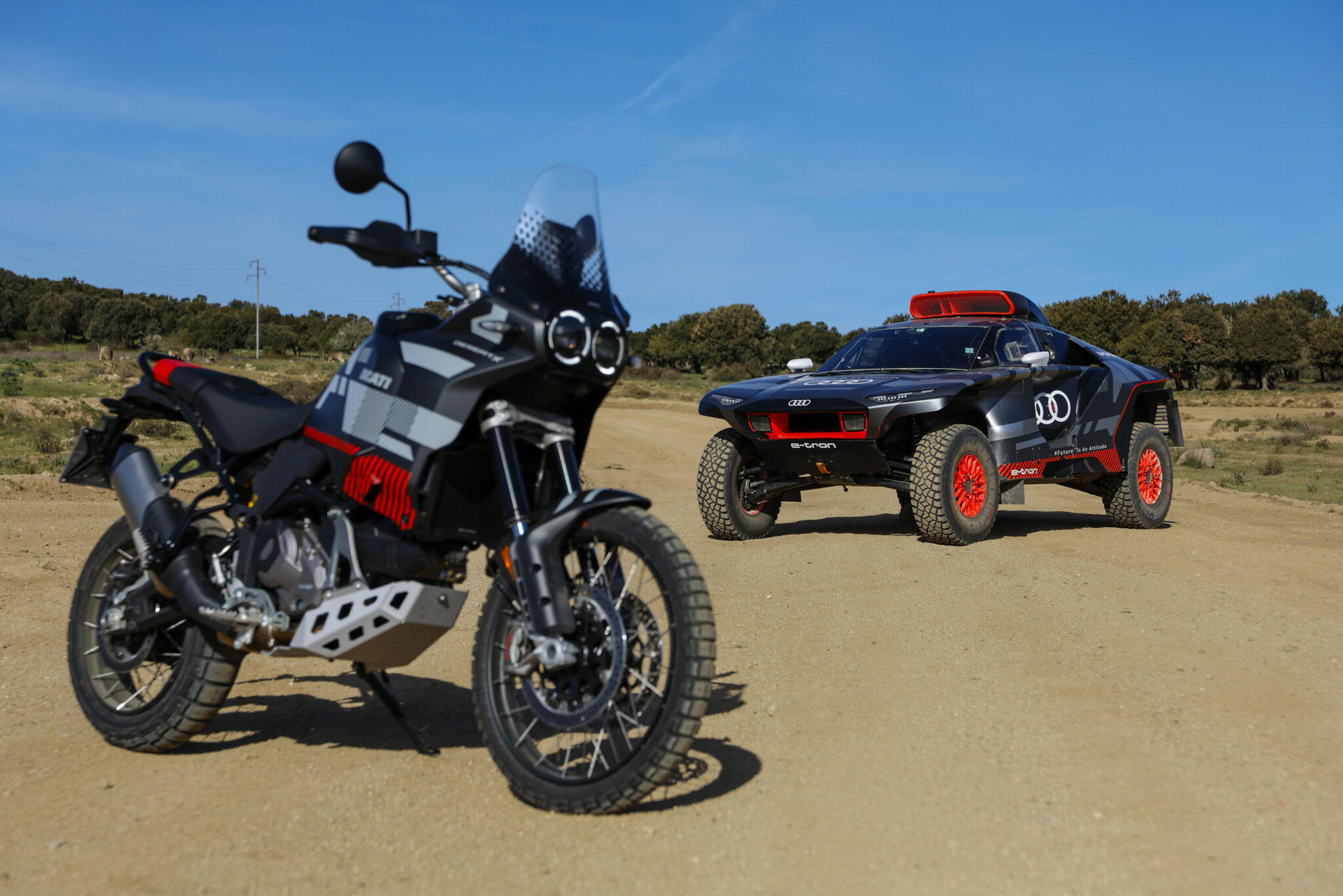 Ducati Desert X and Audi RS Q-ETron Previewed Together At Dakar Rally